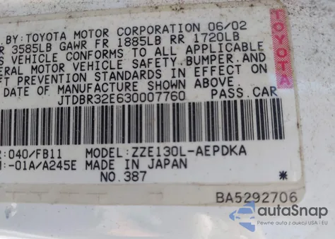 2003 Toyota Corolla Ce from USA, damaged, VIN JTDBR32E630007760